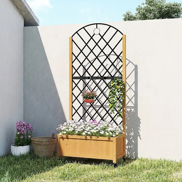 Outsunny Hochbeet - 72 x 36 x 168 cm, Holz, Braun - Pflanzkasten aus Holz mit Rollen und integriertem schwarzen Metallspalier, bepflanzt mit Blumen und Hängepflanzen.