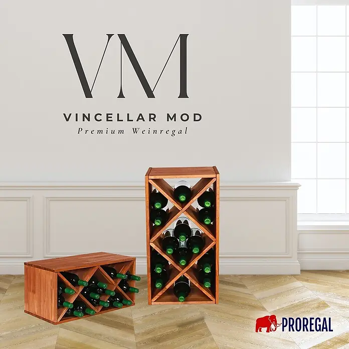 Proregal Flaschenregal Modulares Weinregal VINCELLAR MOD für 14 Flaschen - L x B x H: 30 x 30 x 60 cm, Holz - Zwei braune Weinregale aus Holz, eines vertikal und eines horizontal, gefüllt mit Weinflaschen, in einem Raum präsentiert.