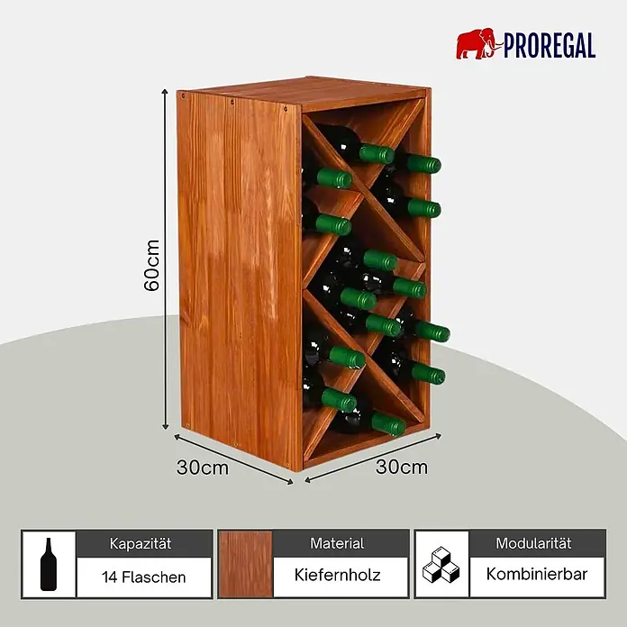 Proregal Flaschenregal Modulares Weinregal VINCELLAR MOD für 14 Flaschen - L x B x H: 30 x 30 x 60 cm, Holz - Braunes Kiefernholz Weinregal für 14 Flaschen, 60x30x30cm. Modular kombinierbar.