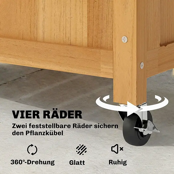 Outsunny Hochbeet - 72 x 36 x 168 cm, Holz, Braun - Nahaufnahme eines hellen Holz-Pflanzkübels auf einer schwarzen Lenkrolle mit Bremse, hervorhebend 360°-Drehung, sanftes und leises Rollen.