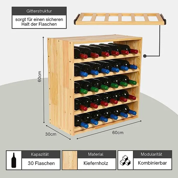 Proregal Flaschenregal Modulares Weinregal ELSASS 60x60x30cm Standard Modul für 30 Flaschen Natur - L x B x H: 30 x 60 x 60 cm, Holz - Weinregal aus Kiefernholz, 60x60x30 cm, für 30 Flaschen. Mit Gitterstruktur für sicheren Halt und erweiterbar.