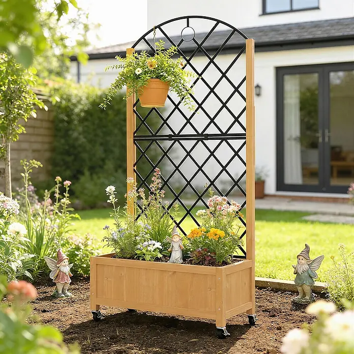 Outsunny Hochbeet - 72 x 36 x 168 cm, Holz, Braun - Pflanzkasten aus Holz mit schwarzem Metallspalier auf Rollen, mit Blumen gefüllt, im Garten.