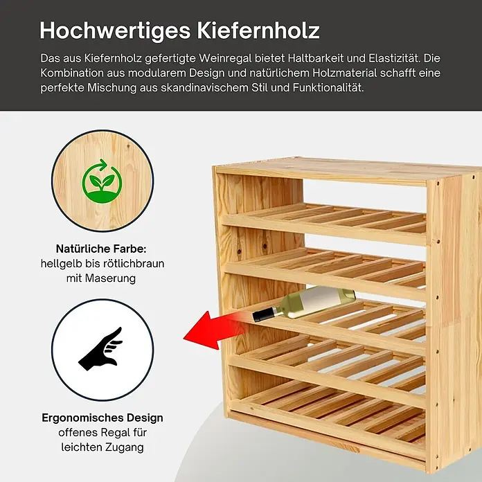 Proregal Flaschenregal Modulares Weinregal ELSASS 60x60x30cm Standard Modul für 30 Flaschen Natur - L x B x H: 30 x 60 x 60 cm, Holz - Weinregal aus Kiefernholz in natürlichem hellgelb bis rötlichbraun, mit offenem, modularem Design für leichten Zugang.