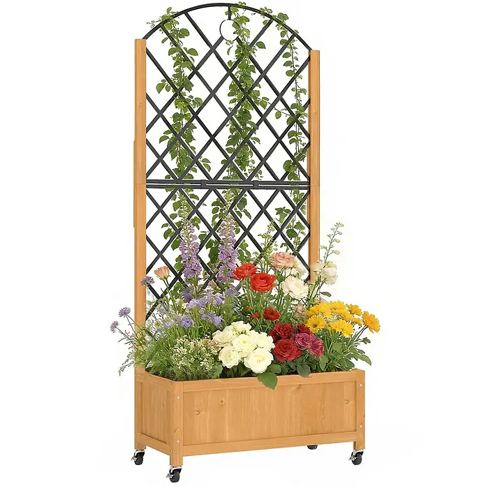 Outsunny Hochbeet - 72 x 36 x 168 cm, Holz, Braun - Pflanzkasten aus Holz mit schwarzem Metallspalier auf Rollen, gefüllt mit Blumen und Kletterpflanzen.