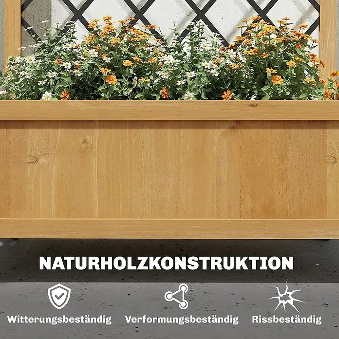 Outsunny Hochbeet - 72 x 36 x 168 cm, Holz, Braun - Robuster Pflanzkasten aus Naturholz mit weißen und orangefarbenen Blumen gefüllt.