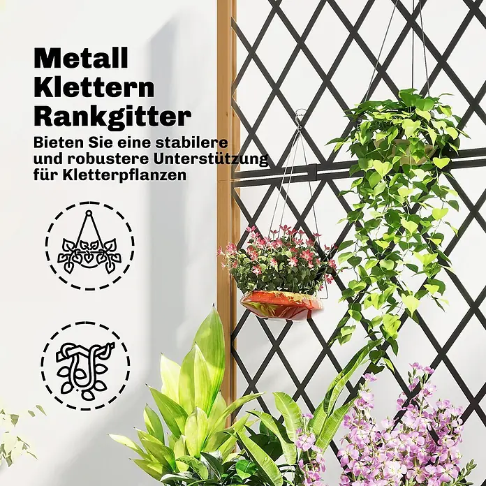 Outsunny Hochbeet - 72 x 36 x 168 cm, Holz, Braun - Schwarzes Metall-Rankgitter für Kletterpflanzen, dekoriert mit hängenden Töpfen und grünen Pflanzen.