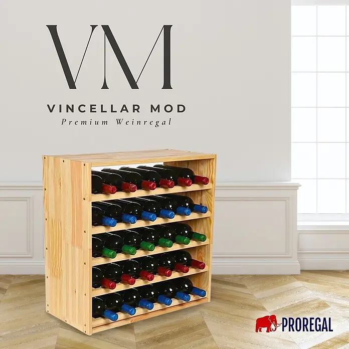 Proregal Flaschenregal Modulares Weinregal VINCELLAR MOD für 30 Flaschen - L x B x H: 30 x 60 x 60 cm, Holz - Fünfstöckiges Weinregal aus Naturholz, gefüllt mit bunten Weinflaschen.