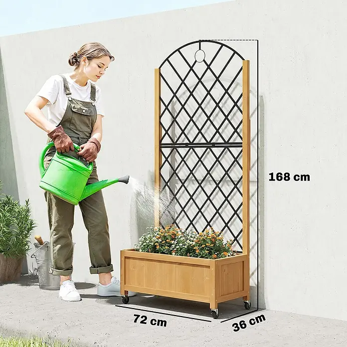 Outsunny Hochbeet - 72 x 36 x 168 cm, Holz, Braun - Pflanzkasten aus Holz mit schwarzem Metallspalier auf Rollen, bepflanzt und bewässert. Maße: 168x72x36 cm.