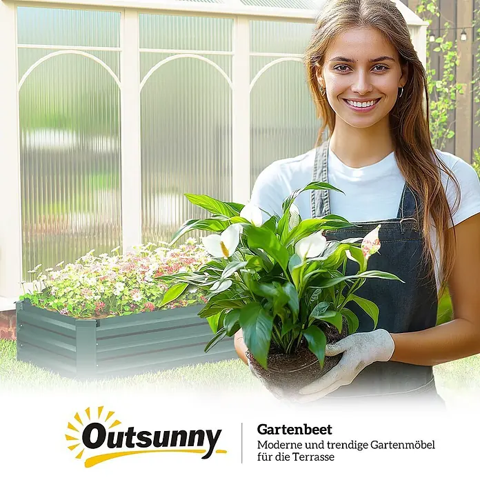 Outsunny Hochbeet - 240 x 60 x 30 cm, Stahl, Grün - Grünes Metall-Hochbeet, gefüllt mit blühenden Blumen, in einem Garten.