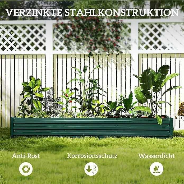 Outsunny Hochbeet - 240 x 60 x 30 cm, Stahl, Grün - Dunkelgrünes Hochbeet aus verzinktem Stahl, bepflanzt im Garten. Rostfrei, korrosionsgeschützt und wasserdicht.