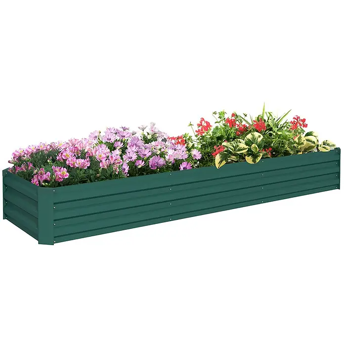 Outsunny Hochbeet - 240 x 60 x 30 cm, Stahl, Grün - Langes, dunkelgrünes Metall-Hochbeet, gefüllt mit rosa, lila und roten Blumen.