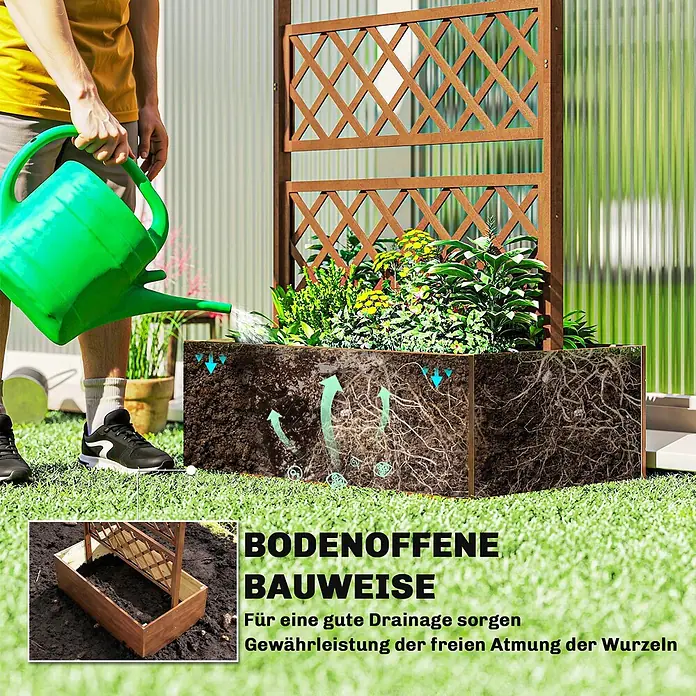 Outsunny Hochbeet - Holz, Orange - Hölzernes Hochbeet mit Spalier, bewässert. Offene Bodenkonstruktion für optimale Entwässerung und Wurzelbelüftung.