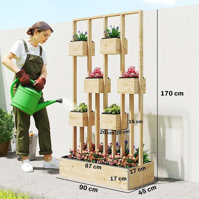 Outsunny Hochbeet - Holz, Naturholz - Vertikales Holz-Gartenbeet mit mehreren Ebenen, von einer Person gegossen, mit Maßen.