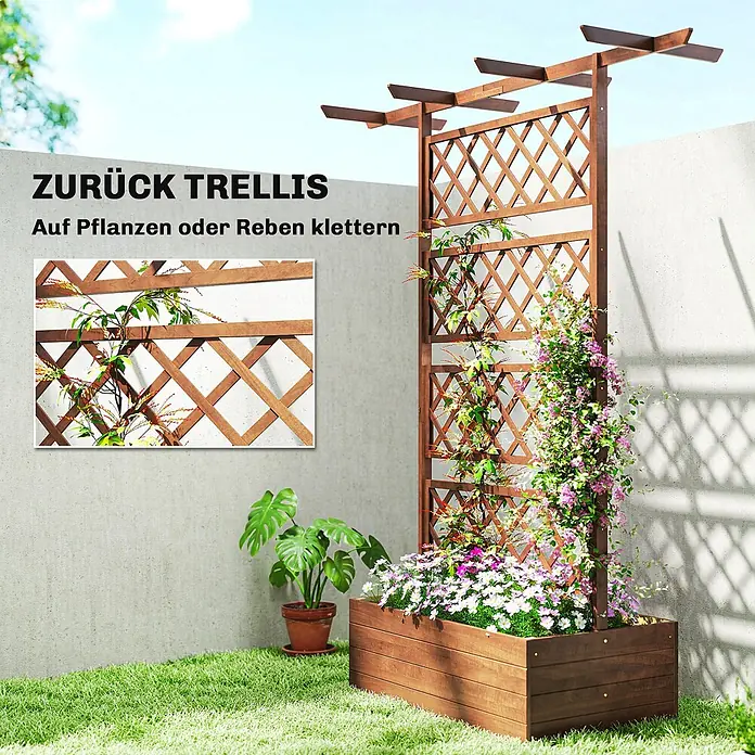 Outsunny Hochbeet - Holz, Orange - Braunes Holzspalier mit integriertem Pflanzkasten, unterstützt Kletterpflanzen und Blumen.