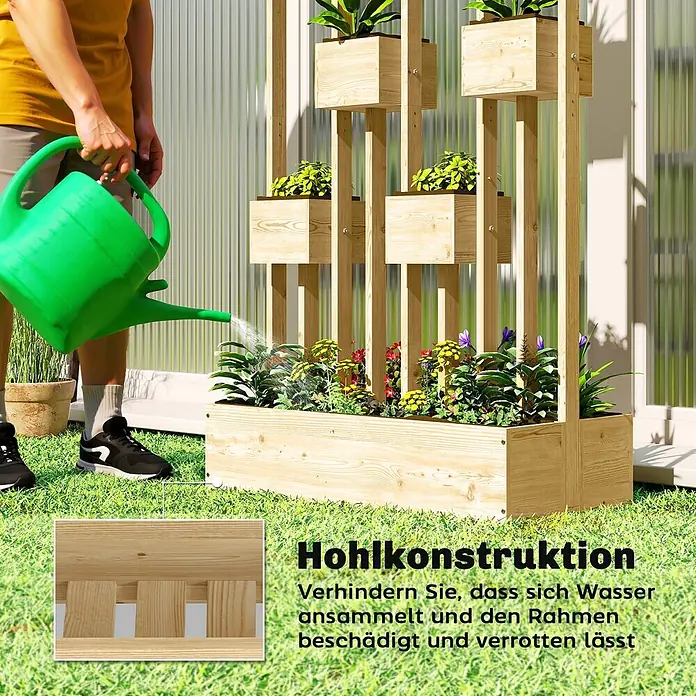 Outsunny Hochbeet - Holz, Naturholz - Hölzernes Etagenbeet wird gegossen, mit Detail der Hohlkonstruktion für effiziente Entwässerung und Langlebigkeit.