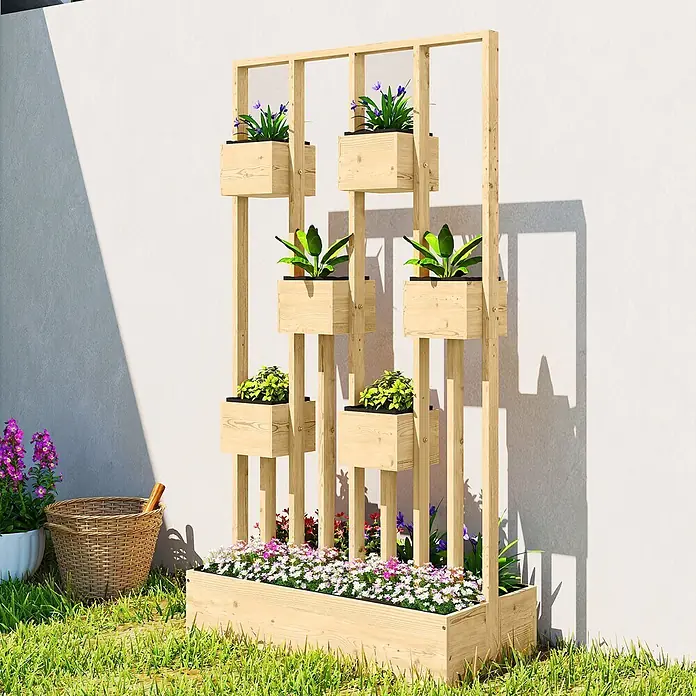 Outsunny Hochbeet - Holz, Naturholz - Vertikales Gartenregal aus Holz mit mehreren kleinen Pflanzkästen und einer Blumen gefüllten Basis.