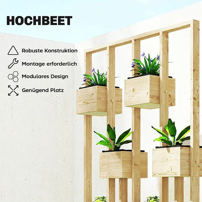 Outsunny Hochbeet - Holz, Naturholz - Modulares Hochbeet aus hellem Holz mit mehreren Pflanzkästen für grüne und lila Pflanzen, robustes und platzsparendes Design.