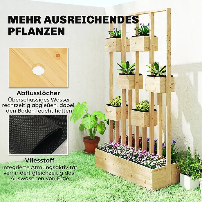 Outsunny Hochbeet - Holz, Naturholz - Ein vertikaler Gartenpflanzer aus Holz mit Abflusslöchern und Vliesstoffeinlage, mit mehreren Pflanzenkästen und einem Basiskasten.