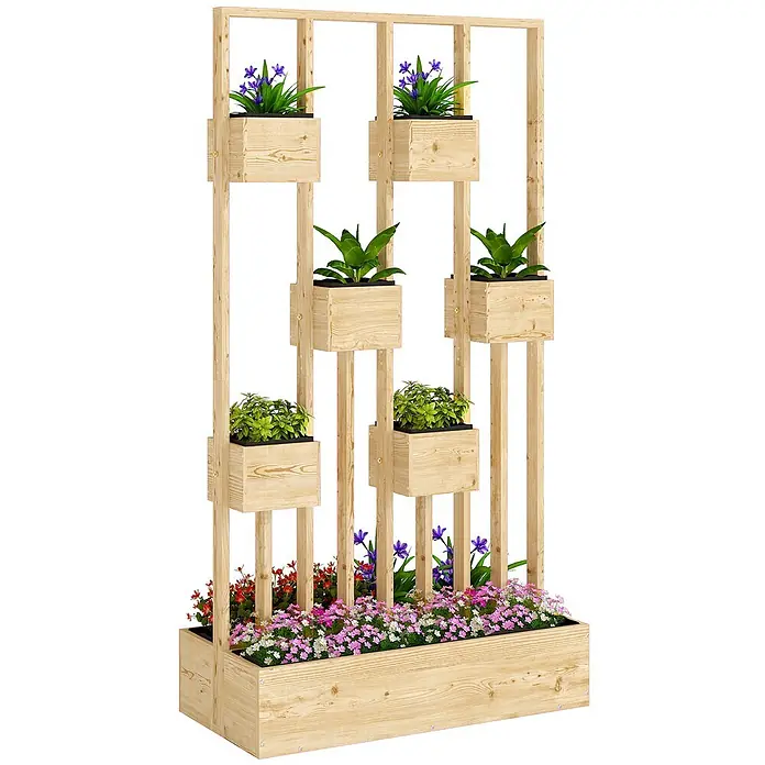 Outsunny Hochbeet - Holz, Naturholz - Vertikaler Holz-Pflanzenständer mit mehreren integrierten Blumenkästen, die verschiedene Pflanzen und Blumen enthalten.