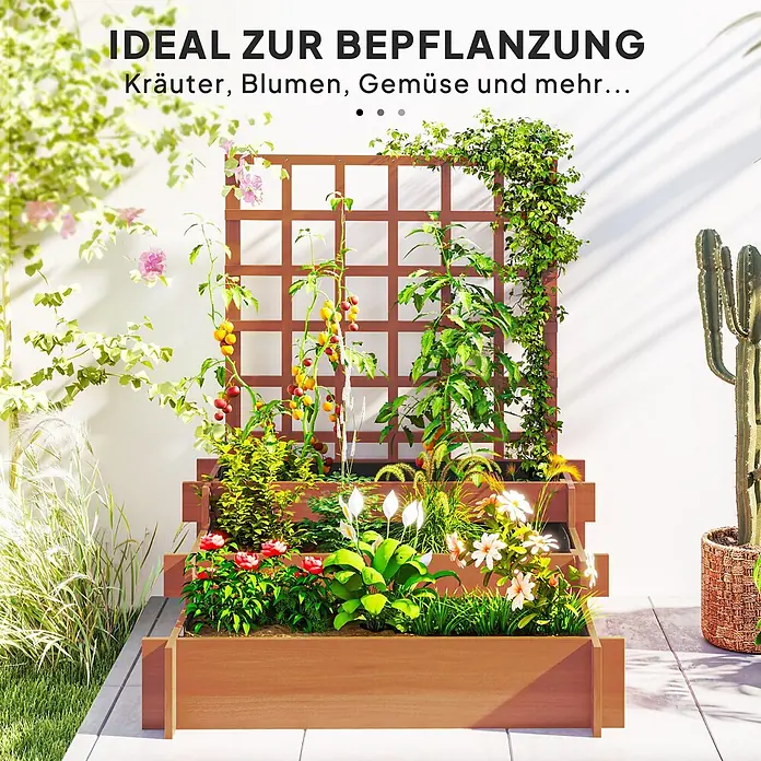 Outsunny Hochbeet - Holz, Braun - Mehrstufiges Hochbeet aus Holz mit integriertem Rankgitter, bepflanzt mit Kräutern, Blumen und Gemüse in einer Außenumgebung.