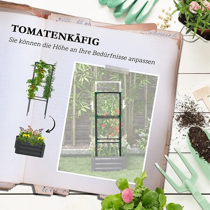 Outsunny Hochbeet - Stahl, Dunkelgrau - Höhenverstellbarer Tomatenkäfig in Schwarz/Grün, Pflanzen stützend, auch als Blumenkasten nutzbar.