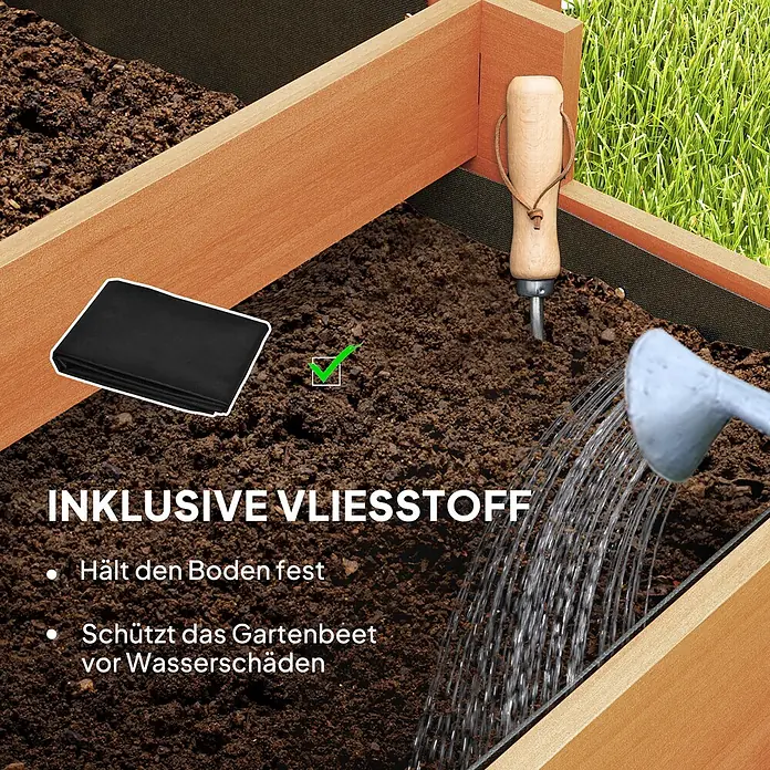 Outsunny Hochbeet - Holz, Braun - Schwarzes Vliesstoff-Gewebe im Holzhocchbeet mit Erde.