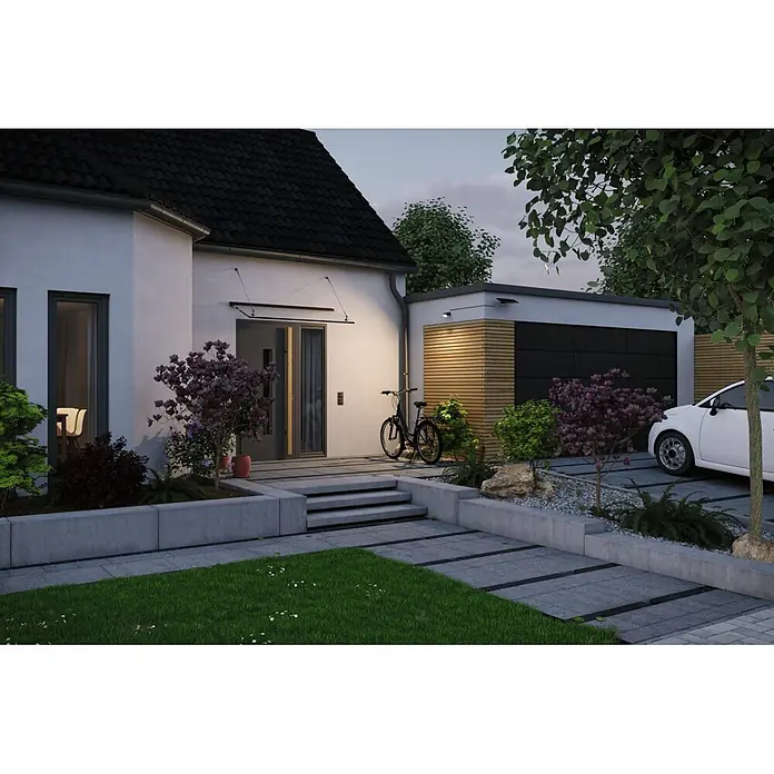 Paulmann Solarleuchte Lesly - Lichtfarbe: Warmweiß, LED, Höhe: 138 mm - Moderner Hauseingang mit transparentem Vordach, angrenzender Garage mit Holzverkleidung, Betonstufen und landschaftlich gestaltetem Auffahrtsbereich.