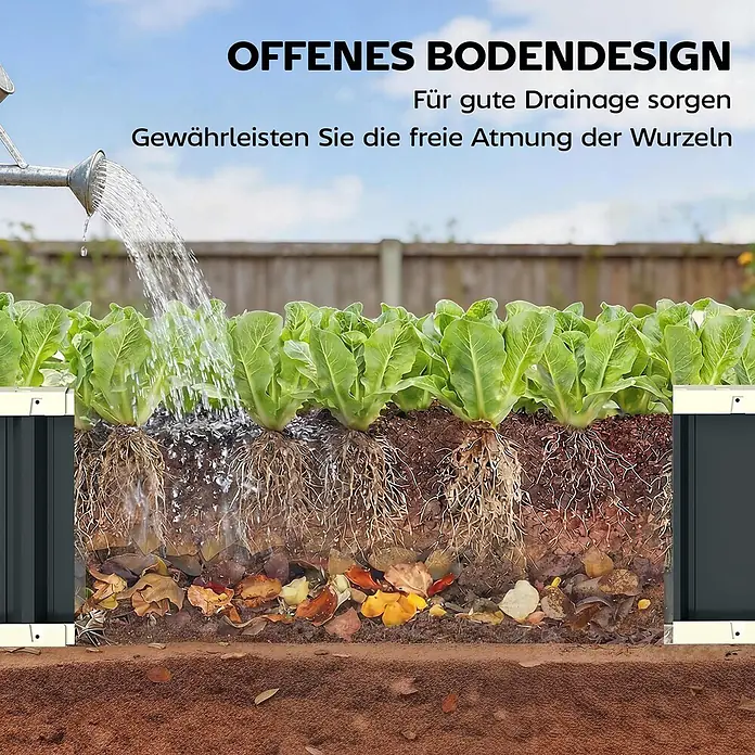 Outsunny Hochbeet - 136 x 52 x 31 cm, Stahl, Dunkelgrau - Dunkelgraues Hochbeet mit offenem Boden für optimale Drainage und Wurzelbelüftung, mit Pflanzen und Erde dargestellt.