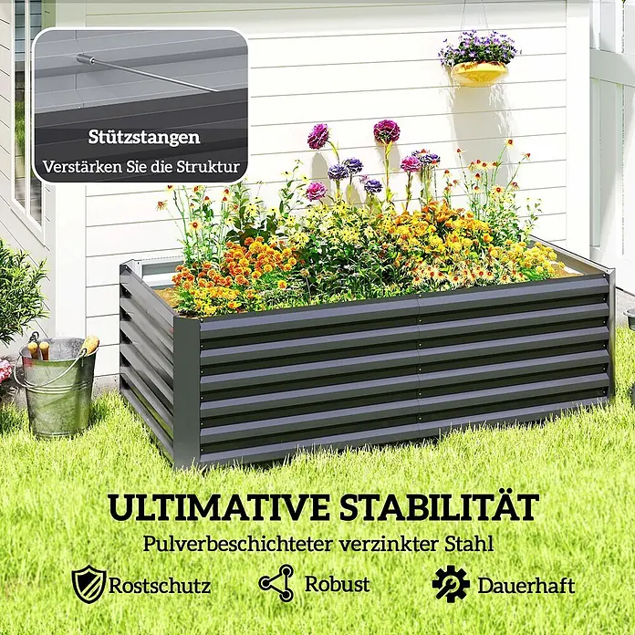 Outsunny Hochbeet - 180 x 90 x 57,5 cm, Stahl, Dunkelgrau - Dunkelgraues Hochbeet aus Wellblech mit inneren Stützstangen, gefüllt mit bunten Blumen auf Rasen.