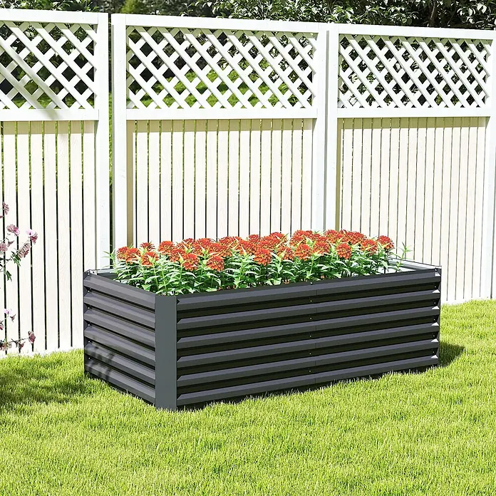 Outsunny Hochbeet - 180 x 90 x 57,5 cm, Stahl, Dunkelgrau - Dunkelgraues Hochbeet aus Wellblech mit roten Blumen.