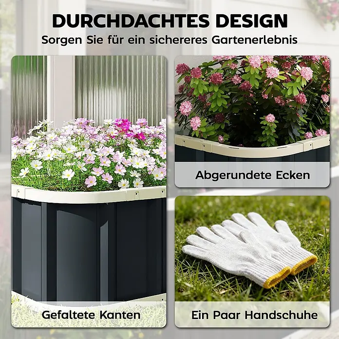 Outsunny Hochbeet - 136 x 52 x 31 cm, Stahl, Dunkelgrau - Dunkelgraues Hochbeet mit abgerundeten Ecken, gefalteten Kanten für Sicherheit und inklusive Gartenhandschuhen.