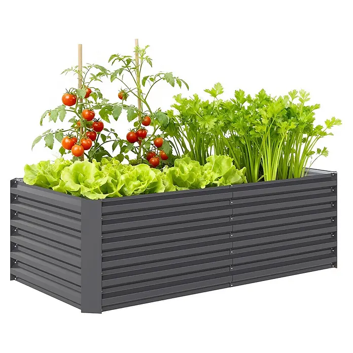 Outsunny Hochbeet - 180 x 90 x 57,5 cm, Stahl, Dunkelgrau - Dunkelgraues Hochbeet aus Wellblech, gefüllt mit frischem Salat, Tomaten und Petersilie.