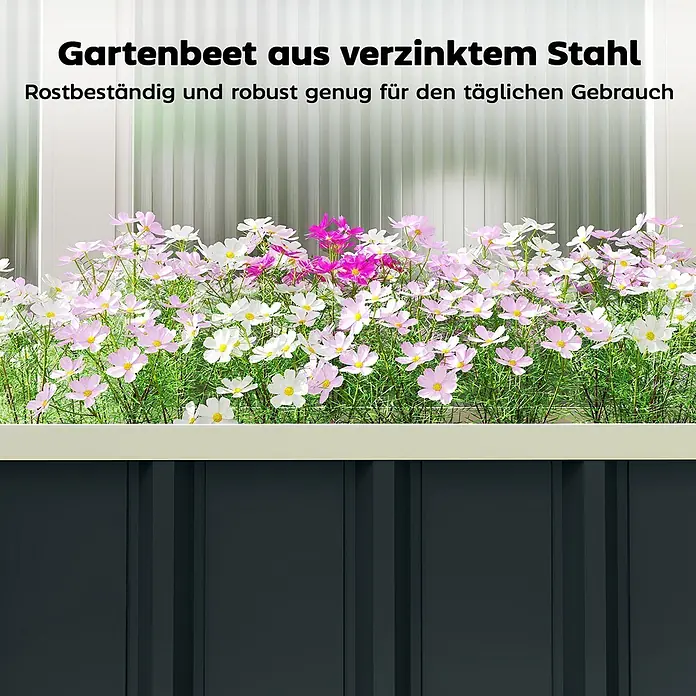 Outsunny Hochbeet - 136 x 52 x 31 cm, Stahl, Dunkelgrau - Dunkelgraues Hochbeet aus verzinktem Stahl mit rosa und weißen Blüten.