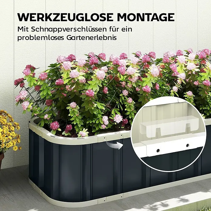 Outsunny Hochbeet - 136 x 52 x 31 cm, Stahl, Dunkelgrau - Dunkelgraues modulares Hochbeet mit rosa Blumen, das die werkzeuglose Montage mit Schnappverschlüssen im Detail zeigt.