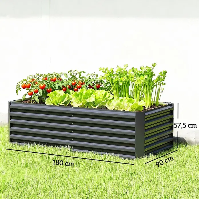 Outsunny Hochbeet - 180 x 90 x 57,5 cm, Stahl, Dunkelgrau - Dunkelgraues Wellblech-Hochbeet mit Tomaten, Salat und Sellerie. Maße: 180x90x57,5 cm.