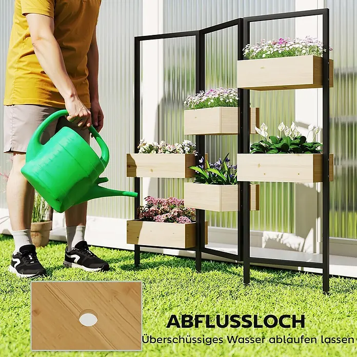 Outsunny Hochbeet - Holz, Naturholz - Mehrstöckiger Holz-Pflanzständer mit schwarzem Rahmen, mit Blumen befüllt, wird gegossen. Einsatz zeigt Abflussloch.