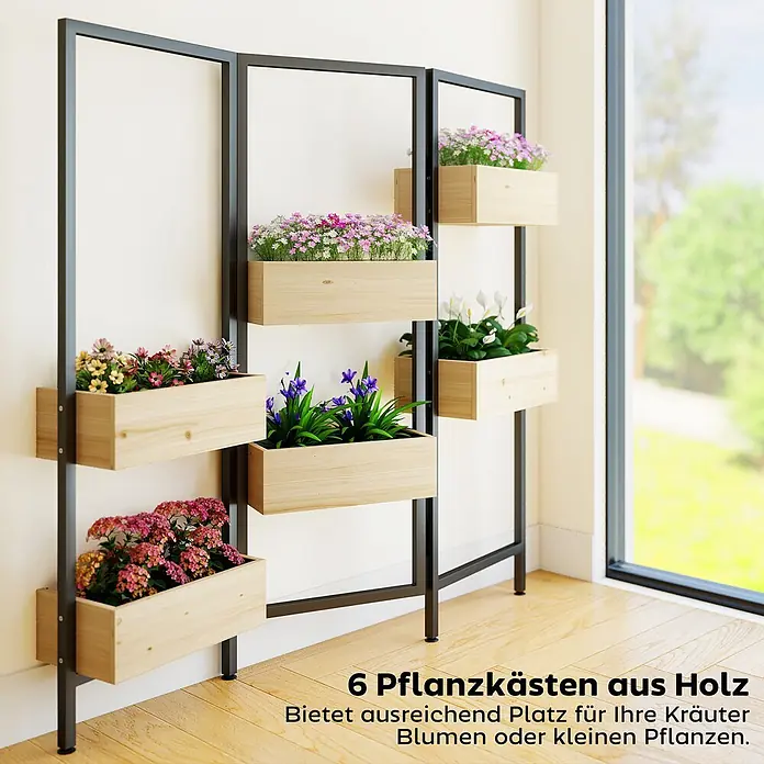 Outsunny Hochbeet - Holz, Naturholz - Schwarzes Metall-Pflanzregal mit 6 Holzkästen und Pflanzen.