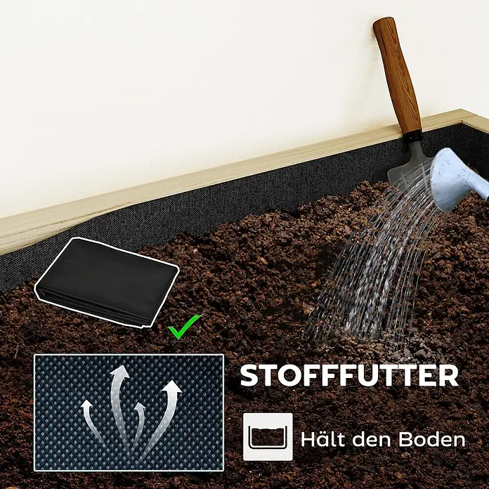 Outsunny Hochbeet - Holz, Naturholz - Schwarzes atmungsaktives Stofffutter für ein Hochbeet, mit Erde und Wasser gezeigt, Atmungsaktivität hervorgehoben.