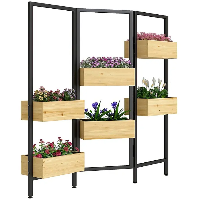 Outsunny Hochbeet - Holz, Naturholz - Schwarzer Metall-Pflanzenständer mit mehreren hellen Holzpflanzgefäßen, die bunte Blumen und Pflanzen enthalten.