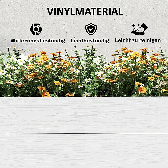 Outsunny Hochbeet - Kunststoff, Weiß - Eigenschaften von Vinylmaterial: wetterbeständig, lichtbeständig und leicht zu reinigen, illustriert mit Symbolen.