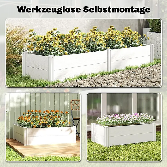 Outsunny Hochbeet - Kunststoff, Weiß - Weißes Hochbeet mit werkzeugloser Montage, bepflanzt in verschiedenen Außenbereichen.
