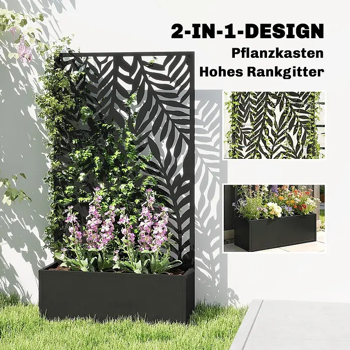 Outsunny Hochbeet - 61 x 23 x 113 cm, Metall, Schwarz - Schwarzer 2-in-1 Pflanzkasten mit hohem Rankgitter im Blattmuster, der Kletterpflanzen und bunte Blumen trägt.
