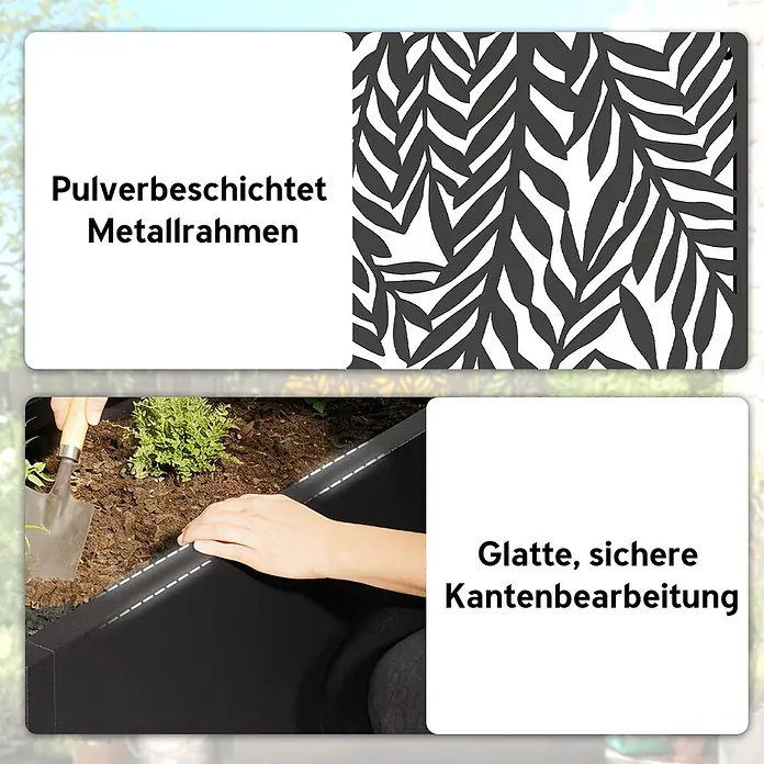 Outsunny Hochbeet - 61 x 23 x 113 cm, Metall, Schwarz - Schwarz pulverbeschichteter Metallrahmen mit dekorativem Blattmuster und glatten, sicheren Kanten. Eine Hand berührt den Pflanzkastenrand.