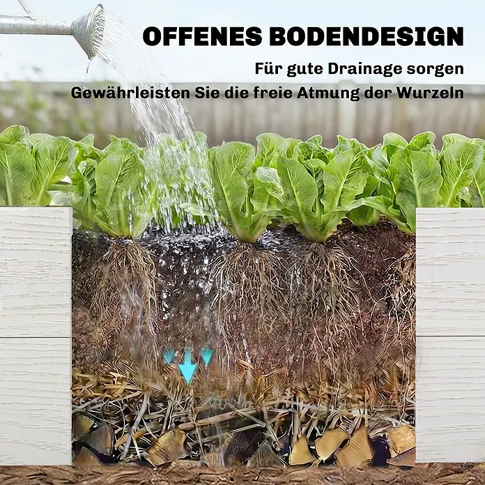 Outsunny Hochbeet - 120 x 80 x 64 cm, Kunststoff, Weiß - Diagramm mit offenem Bodendesign, das Wasserablauf und belüftete Wurzeln für gesunde Pflanzen zeigt.