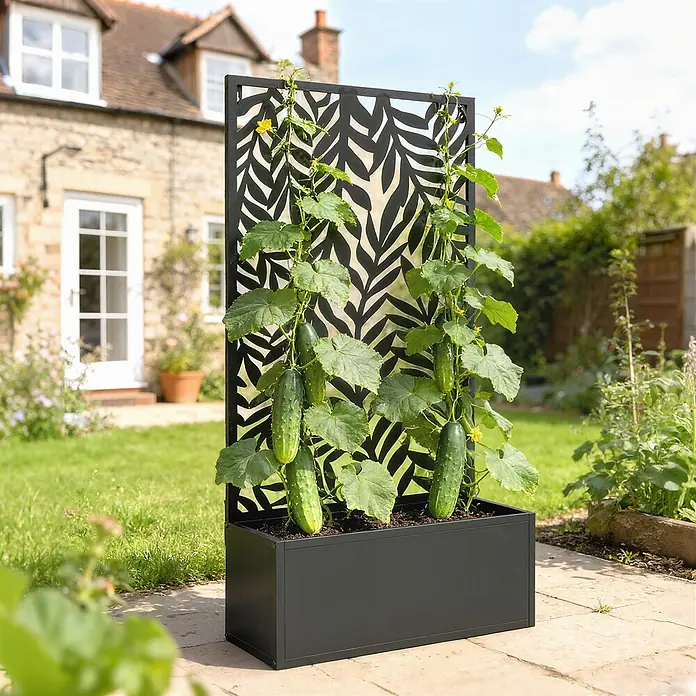 Outsunny Hochbeet - 61 x 23 x 113 cm, Metall, Schwarz - Schwarzer Metall-Pflanzkasten mit integriertem Ziergitter, bepflanzt mit Gurken in einem Garten.