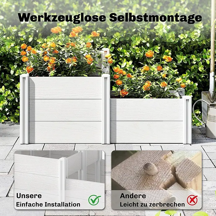 Outsunny Hochbeet - 120 x 80 x 64 cm, Kunststoff, Weiß - Zwei weiße, holzstrukturierte Hochbeete mit orangefarbenen Rosen. Unten wird die werkzeuglose Montage gegenüber brüchigen Holzalternativen gezeigt.