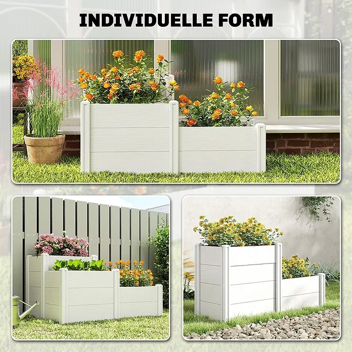 Outsunny Hochbeet - 120 x 80 x 64 cm, Kunststoff, Weiß - Weiße Holzoptik-Hochbeete in modularen Gartenarrangements.