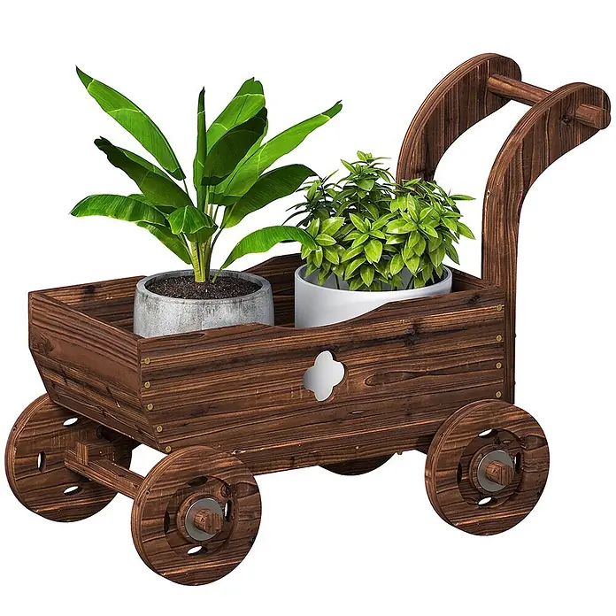 Outsunny Hochbeet - Holz, Braun - Dunkelbrauner Holzpflanzwagen mit zwei Topfpflanzen, Rollen, Griff und dekorativem Kleeblatt-Ausschnitt.