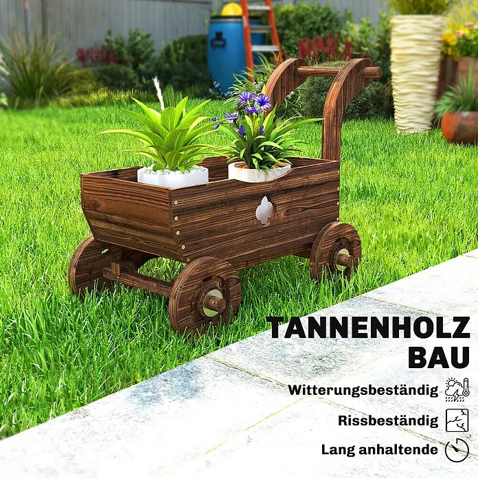 Outsunny Hochbeet - Holz, Braun - Dunkelbrauner hölzerner Wagen-Pflanzkübel mit zwei Topfpflanzen auf Rasen im Garten.
