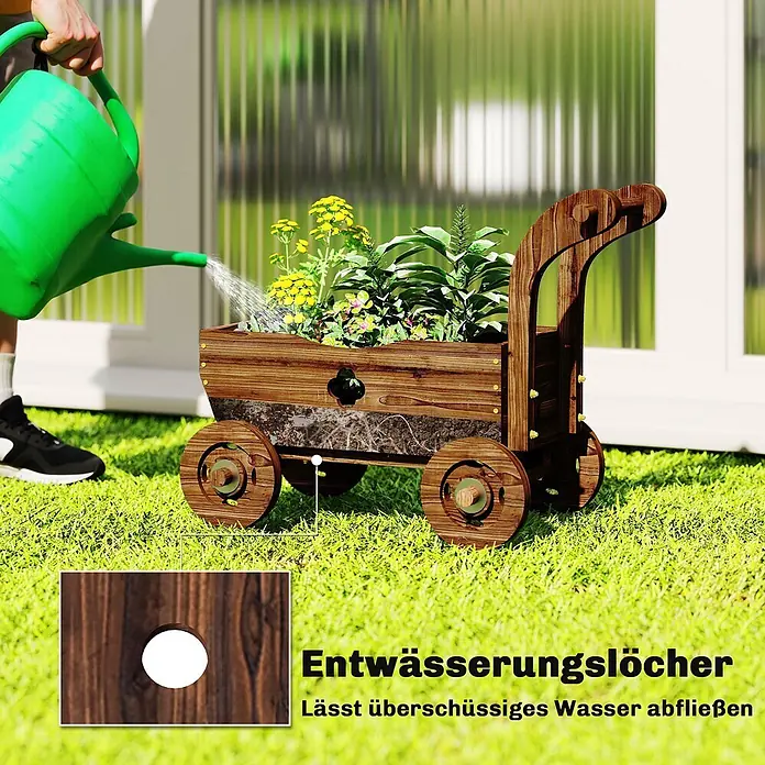 Outsunny Hochbeet - Holz, Braun - Hölzerner Pflanzwagen mit Pflanzen, geformt wie ein Karren, wird im Garten gegossen. Verfügt über sichtbare Ablauflöcher für überschüssiges Wasser.